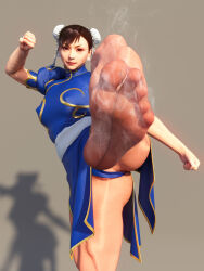 1girl 3d brown_eyes capcom chinese_clothes chun-li covered_erect_nipples double_bun feet hair_bun highres koupantyhose long_hair looking_at_viewer pantyhose parted_lips smile soles steam street_fighter toes