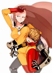 1boy 1girl arm_around_neck arm_up bald bald_girl belt black_belt blonde_hair blurry bodysuit boots breasts cape commentary_request cyborg genderswap genderswap_(mtf) genos gloves highres kani_seijin large_breasts mechanical_arms one-punch_man red_boots red_gloves saitama_(one-punch_man) short_hair simple_background sweat white_background white_cape yellow_bodysuit
