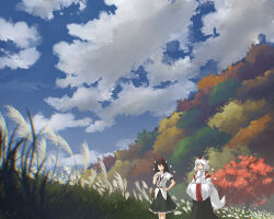 2girls absurdres animal_ears autumn autumn_leaves bag belt black_skirt blue_sky closed_eyes cloud day detached_sleeves facing_viewer feet_out_of_frame field grass hand_on_own_chest hand_on_own_hip hat highres inubashiri_momiji leaf long_skirt looking_afar mountain mountain_of_faith multiple_girls nature oubachiago pom_pom_(clothes) procreate_(medium) puffy_sleeves satchel scenery shameimaru_aya shirt short_sleeves skirt sky standing tail tall_grass tokin_hat touhou tree turtleneck white_shirt wide_shot wind wolf_ears wolf_girl wolf_tail