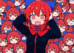 1girl @_@ black_shirt blue_bow blush bow cape closed_eyes commentary disembodied_head hair_bow hands_on_own_head highres long_sleeves looking_at_viewer open_mouth red_cape red_eyes red_hair sekibanki shirt short_hair snackdang solo sweatdrop touhou