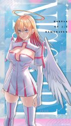 1girl 2.5_jigen_no_ririsa amano_ririsa angel_wings blonde_hair blue_eyes breasts center_opening cleavage cleavage_cutout clenched_hands clothing_cutout collarbone cosplay dress halo hashimoto_yuu large_breasts liliel_(2.5_jigen_no_ririsa) liliel_(2.5_jigen_no_ririsa)_(cosplay) long_hair no_bra official_art pink_thighhighs sideboob thick_thighs thighhighs thighs two-tone_thighhighs white_dress white_thighhighs wide_hips wings