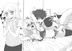 1boy 1girl 1other absurdres androgynous araki_jeccy armpits arms_behind_head bed blush bra breasts censored chevalier_d&#039;eon_(fate) cleavage comic fate/grand_order fate_(series) fujimaru_ritsuka_(male) greyscale hetero highres licking long_hair lying monochrome navel nipples on_side one_eye_closed open_mouth panties penis pleated_skirt ponytail sailor_collar school_uniform sex skirt spread_legs sweat tears testicles thighhighs tomoe_gozen_(fate) tongue tongue_out trembling underwear underwear_only vaginal vest