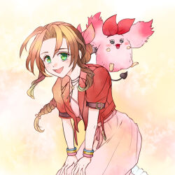1girl aerith_gainsborough bangle bracelet braid braided_ponytail breasts brown_hair choker creature cropped_jacket dragon_quest_tact dress final_fantasy final_fantasy_vii final_fantasy_vii_ever_crisis flower_choker green_eyes hair_ribbon jacket jewelry light_blush long_dress looking_at_viewer medium_breasts monan open_mouth parted_bangs pink_dress pink_fur pink_ribbon red_jacket red_ribbon ribbon short_sleeves sidelocks single_braid smile upper_body yahokichi_ma yellow_background