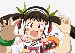 bad_id bad_pixiv_id bakemonogatari blush_stickers bow bracelet brown_hair digital_media_player fang flash foreshortening hachikuji_mayoi hair_ribbon hairband headphones highres ipod jewelry kiyukiyutan lightning_bolt_symbol monogatari_(series) red_eyes ribbon school_uniform simple_background solo star_(symbol) surprised suspenders twintails