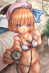 1girl :o alice_margatroid beret blonde_hair blue_eyes blue_hairband blurry blurry_background blush bow bow_bra bow_panties bra breasts cat cleavage collarbone cowboy_shot day depth_of_field female_focus foreshortening futon gluteal_fold hairband hat hat_bow highres holding ivy leaning_forward looking_at_viewer medium_breasts navel open_mouth outdoors panties pink_hat plant ribbon-trimmed_panties ribbon_trim short_hair shounen_(hogehoge) skindentation solo standing stethoscope sweatdrop thighs touhou underwear underwear_only white_bra white_panties