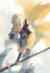 1boy armor backlighting belt black_belt blonde_hair blue_eyes bracer brown_gloves cape closed_mouth dated fingerless_gloves fire_emblem fire_emblem_awakening from_above full_body fur-trimmed_gloves fur-trimmed_sleeves fur_trim gloves hand_over_eye highres holding holding_sword holding_weapon jacket light_particles looking_to_the_side male_focus melia_art motion_blur motion_lines nintendo owain_(fire_emblem) pants shadow sheath sheathed short_hair shoulder_armor signature smirk solo sparkle spiked_hair squatting sword v-shaped_eyebrows weapon white_background white_pants yellow_cape yellow_jacket