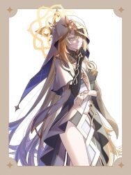Rule 34 | 1girl, blonde hair, blue eyes, breasts, cleavage, closed mouth, commentary request, dress, genshin impact, gloves, hair between eyes, halo, heterochromia, highres, hiuxwou, long hair, long sleeves, looking at viewer, rhinedottir (genshin impact), smile, solo, very long hair, white background, yellow eyes, yellow halo