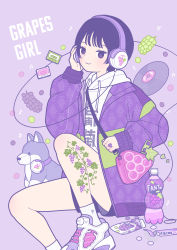 1girl :3 absurdres bag bag_charm blush bottle cable candy cassette_tape charm_(object) clothes_writing cup disposable_cup english_text fanta food food-themed_clothes food_print fruit fruit_print grape_print grapes hand_on_headphones headphones highres holding_strap hood hoodie husky jacket jewelry knee_up layered_clothes leg_tattoo long_sleeves looking_at_viewer mentos musical_note nail_polish original personification purple_eyes purple_hair purple_theme ring shoes short_hair shoulder_bag sitting sneakers socks soda soda_bottle solo stuffed_animal stuffed_dog stuffed_toy tattoo translation_request vinyl_record wrapper yoshimon zipper_pull_tab