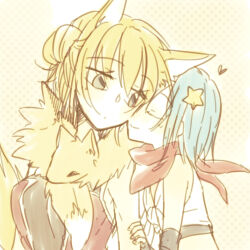 2girls animal animal_around_neck animal_ears ark_kan bandana blacksmith_(ragnarok_online) blonde_hair breasts brown_background closed_eyes closed_mouth commentary_request crop_top double_bun dress flat_chest fox fox_ears fox_girl hair_bun looking_at_another lowres medium_breasts multiple_girls professor_(ragnarok_online) ragnarok_online red_bandana red_dress shirt short_hair sleeveless sleeveless_dress sleeveless_shirt smile tied_shirt upper_body white_shirt yuri