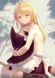 1girl apron black_hat black_skirt black_socks blonde_hair blush braid broom closed_mouth covering_privates culter hat highres holding holding_unworn_clothes holding_unworn_hat kirisame_marisa long_hair looking_at_viewer seiza side_braid single_braid sitting skirt socks solo topless_female touhou unworn_hat unworn_headwear waist_apron white_apron witch_hat
