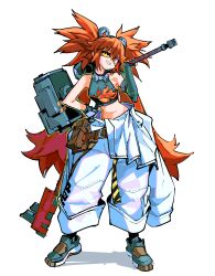 Rule 34 | 1girl, absurdres, baggy pants, black gloves, breasts, detached sleeves, eyepatch, fingerless gloves, flame print, full body, gloves, grin, hammer, highres, holding, holding hammer, holding weapon, koleda belobog, letro, long hair, looking at viewer, midriff, over shoulder, pants, pouch, red eyes, red hair, shoes, simple background, single detached sleeve, sleeveless, small breasts, smile, solo, very long hair, weapon, weapon over shoulder, white background, white pants, zenless zone zero