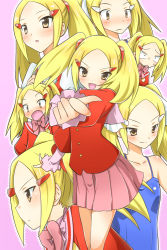 1girl aoyama_mio blonde_hair blue_dress blush dress multiple_expressions formal_clothes hair_ornament hairclip kami_nomi_zo_shiru_sekai multiple_persona multiple_views pointing pointing_at_viewer pointing_forward sailor_collar school_uniform serafuku skirt twintails yellow_eyes yuto_(dialique)