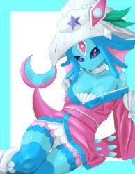 1girl absurdres ariemon bare_shoulders black_sclera blue_border blue_hair blue_skin border breasts cleavage collarbone colored_sclera colored_skin digimon digimon_(creature) highres japanese_clothes kimono medium_breasts off_shoulder omeka_gamma panties pink_eyes pink_kimono simple_background solo underwear white_background white_panties