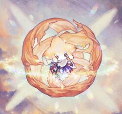 brown_eyes closed_mouth crystal floating full_body gen_3_pokemon glowing highres holding holding_crystal jirachi legendary_pokemon light_particles looking_at_viewer mokunami mythical_pokemon nintendo no_humans no_nose pokemon pokemon:_jirachi:_wish_maker pokemon_(anime) pokemon_(creature) pokemon_rse_(anime) smile solo tanzaku