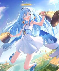 1girl angel angel_wings armpits bare_arms bare_legs bare_shoulders bell bell_earrings blue_eyes blue_hair blue_shoes blue_sky blush boat breasts collarbone commentary criss-cross_halter day dress dual_wielding earrings english_commentary feathered_wings flying full_body hair_between_eyes hair_intakes hair_ornament hairclip halo halter_dress halterneck handbell highres holding holding_bell island jewelry landscape leah_(shadowverse) light_particles long_hair long_sidelocks looking_at_viewer low_wings miruto_netsuki nature ocean official_art open_mouth outdoors second-party_source shadowverse shadowverse:_worlds_beyond shoes sidelocks sky sleeveless sleeveless_dress small_breasts smile socks solo tower town traditional_halo very_long_hair watercraft white_dress white_socks wings yellow_halo