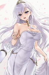Rule 34 | 1girl, 1other, athenawyrm, azur lane, belfast (azur lane), blush, braid, breasts, cleavage, collar, collarbone, dress, earrings, grey eyes, highres, jewelry, large breasts, long hair, looking at viewer, petals, ring, simple background, skirt hold, smile, solo, strapless, strapless dress, tiara, wedding ring, white background, white hair