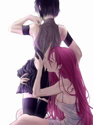 2girls alien_stage between_legs black_dress black_thighhighs breasts cleavage closed_eyes closed_mouth commentary dress english_commentary highres jadegoyle kissing_back large_breasts long_hair mizi_(alien_stage) multiple_girls pink_hair purple_hair short_hair simple_background sua_(alien_stage) thighhighs twitter_username white_background white_dress yuri