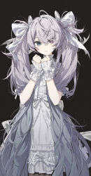 1girl 25-ji_miku absurdres blue_eyes cowboy_shot dress grey_hair hair_ribbon hatsune_miku heterochromia highres kieed long_hair parted_lips pink_eyes project_sekai revision ribbon simple_background solo standing twintails very_long_hair vocaloid white_dress wrist_cuffs