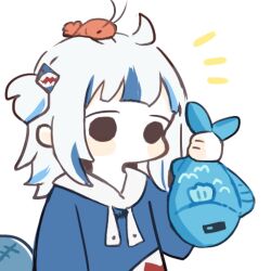 1girl animal blue_hair blue_hoodie commentary ebi-chan_(gawr_gura) fins fish fish_tail gawr_gura gawr_gura_(1st_costume) hair_ornament holding holding_animal holding_fish hololive hololive_english hood hoodie indie_virtual_youtuber long_hair multicolored_hair notice_lines sameko_saba shark_girl shark_hair_ornament shark_print shark_tail shrimp streaked_hair symbol-only_commentary tail virtual_youtuber white_hair yuuyu_(777)