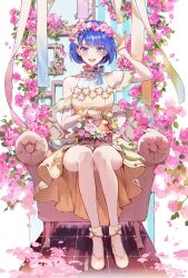 1girl artist_name blue_eyes blue_hair blush collarbone commentary_request couch dress flower flower_basket flower_wreath gloves head_wreath highres kiritani_haruka korean_commentary mop_0211 open_mouth pink_flower pink_rose project_sekai rose shoes short_hair sitting smile solo tile_floor tiles white_flower yellow_dress yellow_flower yellow_gloves yellow_shoes