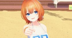 1girl arm_up ball bead_bracelet beads blue_eyes blush box bracelet can collarbone crop_top hair_between_eyes hair_intakes highres jewelry ker2348 looking_at_viewer midriff number_print open_mouth orange_hair sand secretto_(waktaverse) shadow shiny_skin short_hair smile solo tank_top virtual_youtuber waktaverse