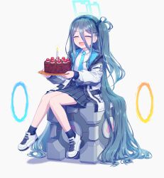 1girl :d absurdly_long_hair absurdres aperture_science_weighted_companion_cube aris_(blue_archive) birthday black_hair black_hairband black_skirt black_socks blue_archive blue_necktie cake candle closed_eyes collared_shirt commentary crossover food hair_spread_out hairband halo highres jacket kaoling long_hair meme multicolored_jacket necktie one_side_up open_clothes open_jacket open_mouth pleated_skirt portal_(object) portal_(series) portal_1 school_uniform shirt simple_background sitting sitting_on_object skirt smile socks solo the_cake_is_a_lie_(meme) two-tone_jacket very_long_hair white_background white_footwear white_shirt