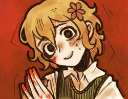 1boy @_@ alternate_eye_color basil_(faraway)_(omori) basil_(omori) black_eyes blonde_hair blood blood_on_hands flower green_sweater_vest hair_flower hair_ornament highres looking_at_another male_focus nervous_smile nervous_sweating omori open_mouth ottie_pops red_background shirt short_hair simple_background smile solo sweat sweater_vest teeth upper_body upper_teeth_only white_shirt