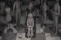 2girls asicah asta_(asicah) bandaged_arm bandaged_leg bandages barefoot black_shirt bouquet breasts broken_horn chess_piece chessboard collared_shirt confetti dioreta_(asicah) eyepatch flat_chest flower grey_hair horns intravenous_drip king_(chess) lanyard large_breasts long_hair long_sleeves mannequin medical_eyepatch medium_hair multiple_girls original pants shirt sitting tiara tile_floor tiles toes wheelchair white_pants white_shirt