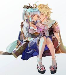Rule 34 | 1boy, 1girl, aether (genshin impact), ahoge, armor, artist name, ayaka (genshin impact), blonde hair, blue dress, breastplate, closed eyes, dress, genshin impact, geta, hair ornament, hair tubes, hand on another&#039;s shoulder, high ponytail, highres, jacket, long hair, parted lips, ponytail, scarf, shoulder armor, signature, simple background, socks, tsbkii 289, white hair, white scarf, white socks