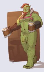 1boy absurdres alcohol bara bare_pectorals beard beard_stubble beer bottomless braid braided_beard chest_harness earrings facial_hair flaccid foreskin full_beard full_body gradient_skin hair_tattoo hairy harness highres incoming_drink jewelry large_pectorals long_beard male_focus mature_male monster_boy muscular muscular_male nail_polish navel navel_hair nipples nude orc original pectorals penis pointy_ears pubic_stubble seductive_smile short_hair smile solo standing stubble thick_beard thick_chest_hair thick_eyebrows thick_leg_hair thick_navel_hair thighs toenail_polish toenails tsurime tusks tuskyrayan uncensored undercut very_hairy waiter wooden_arm zargaron_(rosegorc)