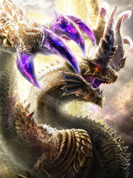 chin_spike claws colored_sclera dragon dragon_horns dragon_tail dragon_wings glowing glowing_eyes gold_scales highres horns kurotokusa monster monster_focus monster_hunter_(series) no_humans open_mouth purple_claws purple_sclera red_eyes scales shagaru_magala tail wings