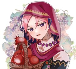 1boy arabian_clothes basket ensemble_stars! facing_viewer food fruit holding holding_food holding_fruit jewelry male_focus necklace open_mouth oukawa_kohaku pink_hair pomegranate purple_eyes red_veil shisokonbu short_hair smile solo upper_body veil white_background
