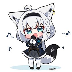1girl ahoge animal_ear_fluff animal_ears artist_name black_hairband blue_jacket blush braid chibi commentary_request corset dohoon earrings eighth_note fox_ears fox_girl fox_tail gloves green_eyes grey_skirt hair_between_eyes hairband highres holding holding_microphone hololive jacket jewelry long_hair looking_at_viewer microphone musical_note open_mouth pantyhose pentagram shirakami_fubuki shirakami_fubuki_(aristocrat_kei) sidelocks simple_background single_braid skirt solo tail virtual_youtuber white_background white_gloves white_hair white_pantyhose