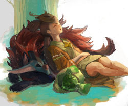 1girl ainu ainu_clothes animal bare_legs beads brown_hair closed_eyes kai_(ookami) lika lips long_hair mask nokuran okikurumi_(ookami) ookami_(game) open_mouth ponytail prayer_beads red_hair sleeping traditional_clothes wolf