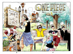 00s 2002 4boys alarm_clock arm_tattoo bare_shoulders barrel bench bird black_hair black_pants blonde_hair border building clock color_spread copyright_name cover cover_page crossed_arms day formal_clothes full_body goggles green_hair hat highres jacket lamp male_focus monkey_d._luffy multiple_boys nest oda_eiichirou official_art one_piece outdoors pants park park_bench penguin plant pointer red_pants river rocket roronoa_zoro sanji_(one_piece) scroll shaded_face shorts sign sitting sleeping sleeveless spiked_hair standing star_(symbol) straw_hat streetcar suit sunglasses tank_top tattoo tony_tony_chopper tree usopp watch wristwatch yellow_jacket zipper