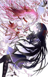 2girls absurdly_long_hair akemi_homura akemi_homura_(magical_girl) angel_wings argyle_clothes argyle_pantyhose bird black_capelet black_hair black_pantyhose bow bow_choker bowtie branch bubble_skirt buttons capelet center_frills cherry_blossoms choker collarbone collared_capelet commentary dress english_commentary eye_contact eyelashes feet_out_of_frame floating_hair flower frilled_dress frilled_skirt frilled_sleeves frilled_socks frills gloves gradient_background hair_bow hair_ribbon hairband hand_on_another&#039;s_chest highres kaname_madoka kaname_madoka_(magical_girl) kneehighs layered_sleeves long_hair long_sleeves looking_at_another magical_girl mahou_shoujo_madoka_magica mahou_shoujo_madoka_magica_(anime) miniskirt multiple_girls pantyhose pink_dress pink_flower pink_hair pleated_skirt puffy_short_sleeves puffy_sleeves purple_bow purple_bowtie purple_capelet purple_eyes purple_skirt red_bow red_choker red_hairband red_ribbon ribbon short_dress short_sleeves skirt skirt_under_dress socks square_neckline swallow_(bird) transformation two-tone_capelet two_side_up ultimate_madoka very_long_hair white_background white_dress white_gloves white_skirt white_sleeves white_socks white_wings winbow wings yuri
