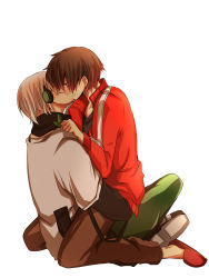 2boys aoi_choko_(aoichoco) black_hair eye_contact headphones highres jacket kagerou_project kisaragi_shintarou kiss konoha_(kagerou_project) looking_at_another lying_on_person male_focus monaco0704 multiple_boys short_hair sitting slippers track_jacket vocaloid white_background white_hair yamaha yaoi
