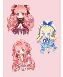 3girls =_= absurdly_long_hair absurdres ahoge animal ankh_222aaa back_bow bare_shoulders beads beret black_gloves black_shoes blonde_hair blue_bow blue_bowtie blue_brooch blue_choker blue_dress blue_eyes blue_sleeves blue_wrist_cuffs blunt_bangs border bow bow_choker bow_legwear bowtie brown_bow brown_eyes brown_ribbon bubbly_voyage_(infinity_nikki) buttons cat chibi choker cloak closed_mouth clothed_animal collared_dress cross-laced_clothes cross-laced_legwear detached_sleeves double_bun dress dual_persona ear_covers eyelashes frilled_choker frilled_dress frilled_gloves frilled_shirt frilled_skirt frilled_sleeves frilled_socks frilled_wrist_cuffs frills gloves gown hair_bow hair_bun hair_intakes hair_ornament hair_ribbon hair_rings hair_spread_out hairclip hand_in_own_hair hand_on_own_chin hands_on_own_chest happy hat hat_bow hat_ornament head_tilt highres holding holding_animal holding_cat hood hood_up hooded_cloak infinity_nikki invisible_chair jewelry kneehighs layered_skirt leg_up light_blush long_dress long_hair long_sidelocks long_sleeves looking_at_viewer low_twintails mary_janes medium_dress medium_skirt momo_(nikki) multiple_girls neck_ribbon necklace nikki_(nikki) nikki_(series) off-shoulder_shirt off_shoulder open_mouth outline own_hands_together pantyhose perfect_start_(infinity_nikki) pillarboxed pink_background pink_choker pink_hair pink_skirt pleated_skirt puffy_long_sleeves puffy_sleeves purple_eyes purple_shoes rabbit_hair_ornament red_bow red_choker red_dress red_shoes ribbon see-through_clothes see-through_sleeves shirt shoes short_hair_with_long_locks short_sleeves sidelocks simple_background single_stripe sitting skirt sleeves_past_wrists smile snowflake_print socks standing star_(symbol) star_hat_ornament strapless strapless_dress striped_bow striped_choker striped_clothes striped_dress swept_bangs tareme threads_of_reunion_(infinity_nikki) tress_ribbon twintails vertical-striped_clothes vertical-striped_dress very_long_hair wavy_hair white_border white_cat white_hat white_outline white_pantyhose white_shirt white_skirt white_socks wrist_cuffs yellow_cloak