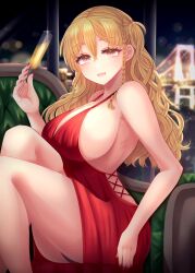 Rule 34 | 1girl, backless outfit, blonde hair, braid, breasts, bridge, brown eyes, chair, champagne flute, cleavage, cup, dress, drinking glass, evening gown, highres, holding, holding cup, kantai collection, large breasts, long hair, low neckline, nagi kantai114, nail polish, night, no bra, open mouth, red dress, sleeveless, sleeveless dress, smile, solo, wavy hair, zara (kancolle)