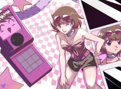 1girl alternate_costume bare_arms bare_legs bare_shoulders belt belt_buckle black_shorts breasts brown_eyes brown_hair buckle cellphone character_name checkered_background choker collarbone commentary earrings eyewear_on_head feet_out_of_frame flip_phone flipped_hair frosty_neo1 gyaru heart heart_choker highres jewelry leaning_forward looking_at_viewer medium_hair multiple_views one_eye_closed onee_gyaru parted_lips persona persona_3 phone pink-tinted_eyewear pink_belt pink_shirt pink_theme shirt shorts smile star_(symbol) strapless strapless_shirt sunglasses takeba_yukari tinted_eyewear white_choker