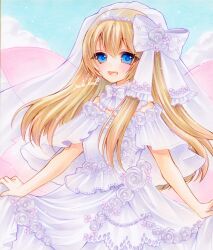 1girl alternate_costume blonde_hair blue_eyes blush bow bridal_veil commentary_request dress dress_flower fairy fairy_wings flower hair_bow highres lily_white long_hair looking_at_viewer marker_(medium) open_mouth see-through_clothes see-through_veil signature skirt_hold smile solo touhou traditional_media veil very_long_hair wedding_dress white_bow white_dress white_veil wings yuuki_hana_(jtnp5334)