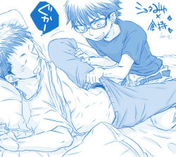2boys ace_of_diamond bed glasses kuramochi_youichi lying male_focus monochrome multiple_boys naughty_face sawamura_eijun shota size_difference sleep_molestation sleeping spot_color tagme undressing white_background yaoi