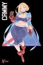 1girl antenna_hair artist_name black_background blonde_hair blue_eyes blue_jacket boots breasts cammy_white character_name choker facial_scar fingerless_gloves full_body gloves highres jacket large_breasts looking_at_viewer navel pants parted_lips pink_lips red_gloves scar scar_on_cheek scar_on_face short_hair solo sports_bra street_fighter street_fighter_6 thighs tight_clothes tight_pants triangle wide_hips x-t3al yoga_pants