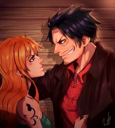 1boy 1girl aged_up arm_tattoo bare_shoulders beard_stubble black_eyes black_hair black_jacket blush clenched_teeth commentary earrings english_commentary facial_hair facial_scar highres jacket jewelry long_hair long_sleeves looking_at_another luke_hanley monkey_d._luffy mustache_stubble nami_(one_piece) one_piece open_clothes open_jacket orange_hair red_shirt scar scar_on_cheek scar_on_face shirt short_hair signature sleeveless smile stubble tattoo teeth