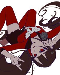 Rule 34 | 1girl, black skirt, brown hair, closed mouth, danganronpa (series), danganronpa v3: killing harmony, harukawa maki, knees up, long hair, looking at viewer, low twintails, lying, on back, pleated skirt, red eyes, red scrunchie, red shirt, red thighhighs, rv 3 0 (8 mitsu), scrunchie, shirt, simple background, skirt, solo, thighhighs, twintails, white background