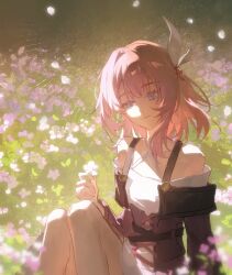 1girl blue_eyes coat commentary cyrene_(honkai:_star_rail) field flower flower_field grass hair_ornament highres holding holding_flower honkai:_star_rail honkai_(series) knees_up pink_hair purple_coat short_hair sitting solo tcuas white_background