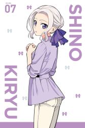 1girl bow breasts female_focus flat_chest from_side grey_hair hair_bow hair_bun highres hiroyuki kanojo_mo_kanojo kiryuu_shino looking_at_viewer looking_back official_art open_mouth own_hands_together pants purple_bow purple_eyes purple_shirt shirt single_hair_bun sleeves_rolled_up solo solo_focus white_pants