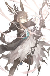 1girl absurdres amiya_(arknights) animal_ears arknights black_coat black_pantyhose blue_eyes brown_hair chinese_commentary clothes_writing coat commentary_request dress grey_dress hair_between_eyes highres jewelry leg_up long_hair long_sleeves luozixiaoliu magic multiple_rings outstretched_arm pantyhose ring solo staff standing standing_on_one_leg thighlet torn_clothes torn_dress white_background
