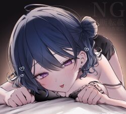 Rule 34 | 1girl, bed sheet, black bra, black hair, blush, bra, breasts, cleavage, commentary, commission, earrings, frilled bra, frills, hair between eyes, hair bun, heart, indie virtual youtuber, indoors, jewelry, kumo tabetai, large breasts, looking at viewer, lying, mole, mole on breast, mole under mouth, on bed, on stomach, purple eyes, skeb commission, solo, tokiai misao, tongue, tongue out, underwear, virtual youtuber, watermark