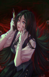 1girl absurdres aged_down ascot black_hair black_skirt blood blood_on_face blood_on_gloves bloodshot_eyes bloody_weapon blue_eyes blush chinese_commentary chromatic_aberration collared_shirt commentary crying crying_with_eyes_open dagger eyeball forehead glitter_makeup gloves hair_between_eyes heibai_bangbing highres holding holding_dagger holding_knife holding_weapon horror_(theme) knife long_hair parted_lips path_to_nowhere puffy_sleeves red_background shin_(path_to_nowhere) shirt signature skirt smile solo straight_hair streaming_tears tears three-quarter_sleeves upper_body vest waistcoat weapon white_ascot white_gloves white_shirt